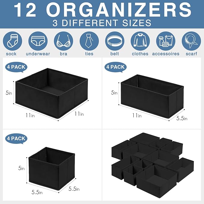 Criusia Drawer Organizer Clothes 12 Pack - Odorless Closet Organizers and Storage for Sock Underwear Bra - Dresser Organizado