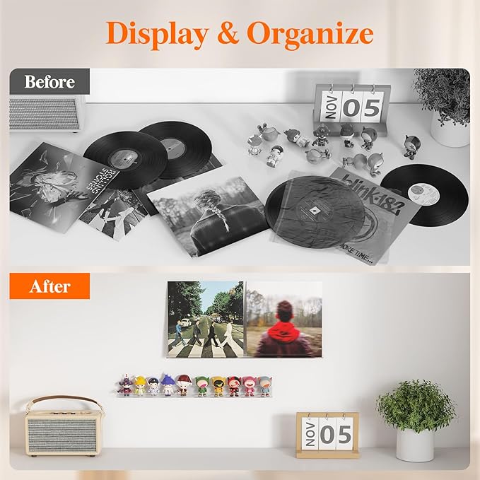 Lifewit Narrow Floating Shelves for Vinyl Record 12 Pack, 12" Clear Wall Shelves for Nail Polish/Book/Picture/Makeup, Acrylic