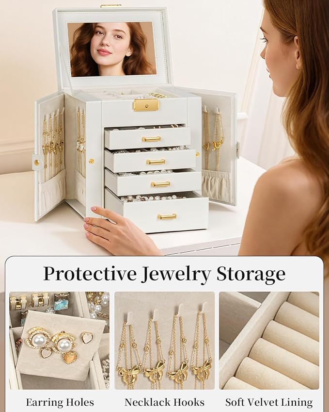 TORIBIO Jewelry Box for Women, Leather Jewelry Organizer with Mirror & Lock, 5-Tier Jewelry Storage Organizer with 4 Drawers 