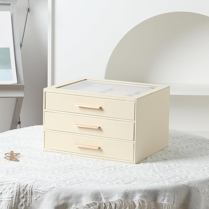 Frebeauty Clear Lid Jewelry Box,3-Layer Jewelry Organizer with Drawer,PU Leather Jewelry Organizers and Storage,Jewelry Boxes