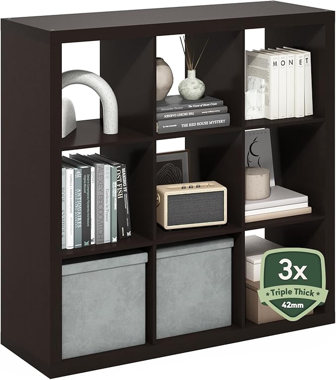 Furinno Cubicle Book Shelf, 9-Cube Bookshelf, Triple Thick Frame Cube Storage Organizer, 1.65" Thick Bookcase, 15.4" x 43.8" 