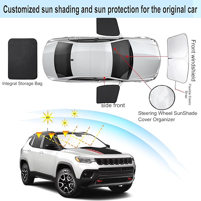 3PCS Car Window Shades Front Windshield Sun Shade Foldable Window Shade Custom Fit for 2017-2024 Jeep Compass Accessories Car Shades for Front Windows Anti-UV Rays Block Heat