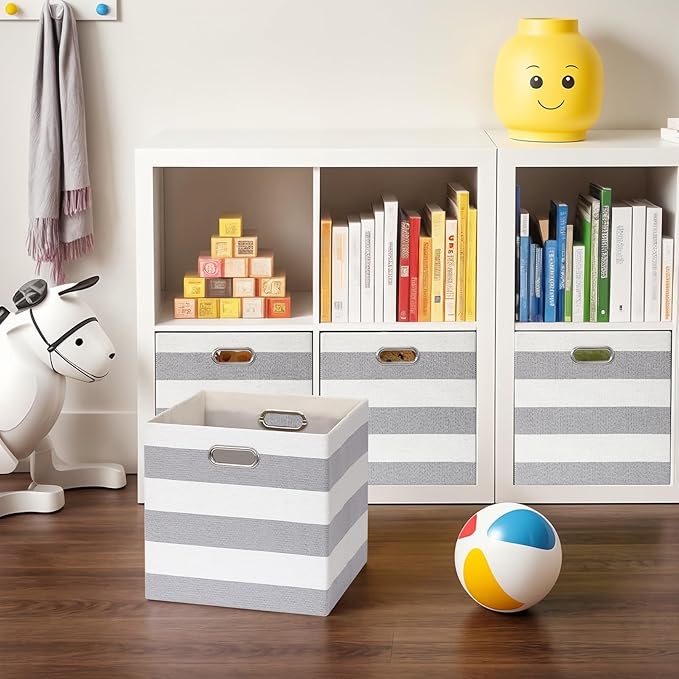 11x11 Cube Storage Bins, Collapsible Fabric Storage Cubes, Cubby Storage Organizer Bins Striped Container Baskets for Organiz