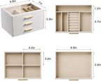 pickpiff Jewelry Box Organizer Case for Women: 3-Layer Jewelry Storage Case with Glass Window, Pure White Leather with Velvet