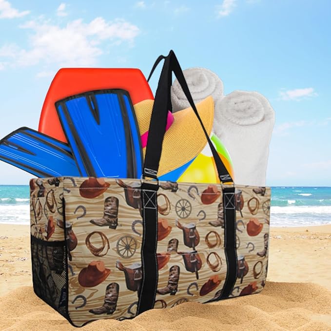 NGIL Extra Large Utility Tote Reusable Grocery Bag Oversized Collapsible for Groceries, Storage, Picnic, Beach (Western Cowboy-black)