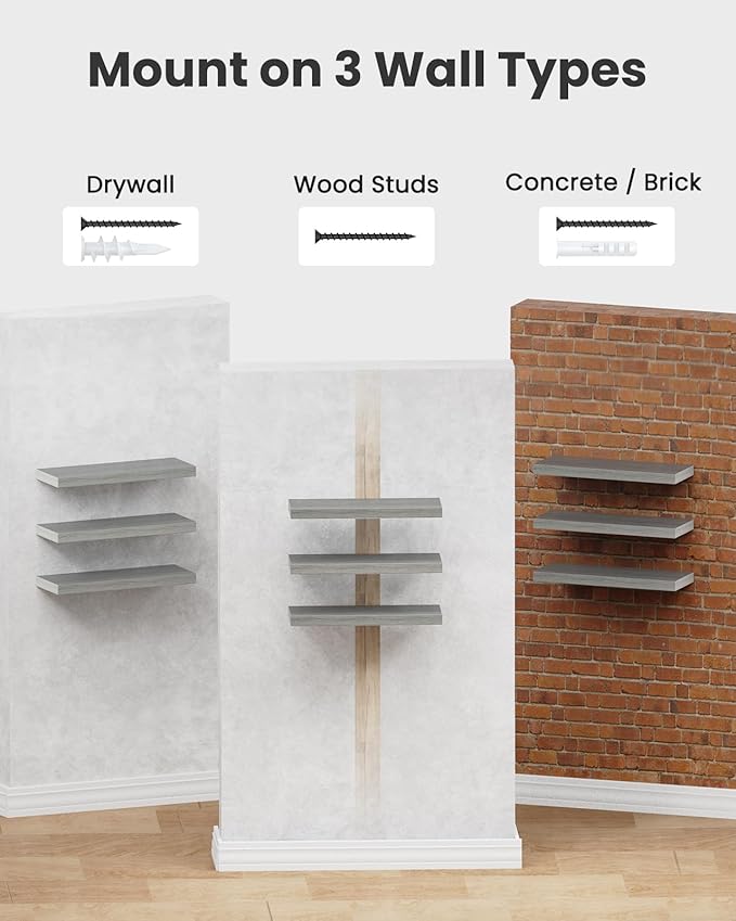 AMADA HOMEFURNISHING Floating Shelves, Wall Shelves for Bathroom/Living Room/Bedroom/Kitchen Decor, Grey Shelves with Invisib