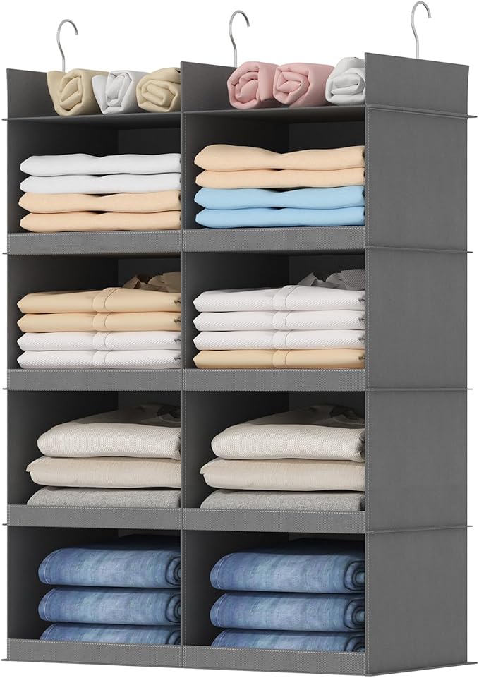 Lifewit Dual-Row Shelf Hanging Closet Organizer and Storage, Clothes Shelves with 3 Sturdy Hooks for Clothing Organization, F