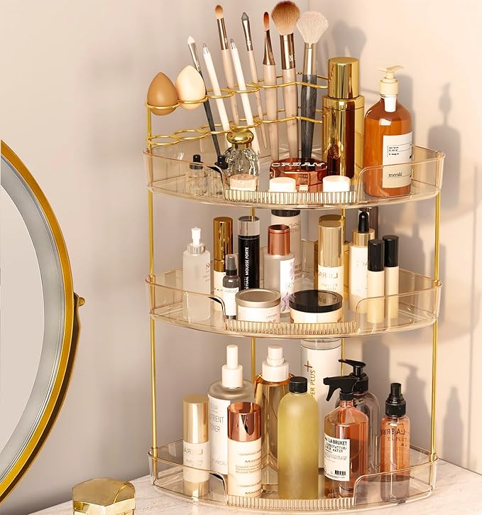 FELIZHOUSE 3-Tier Corner Bathroom Counter Organizer, Bathroom Countertop Shelf Makeup & Skincare Storage with Brush Holder fo