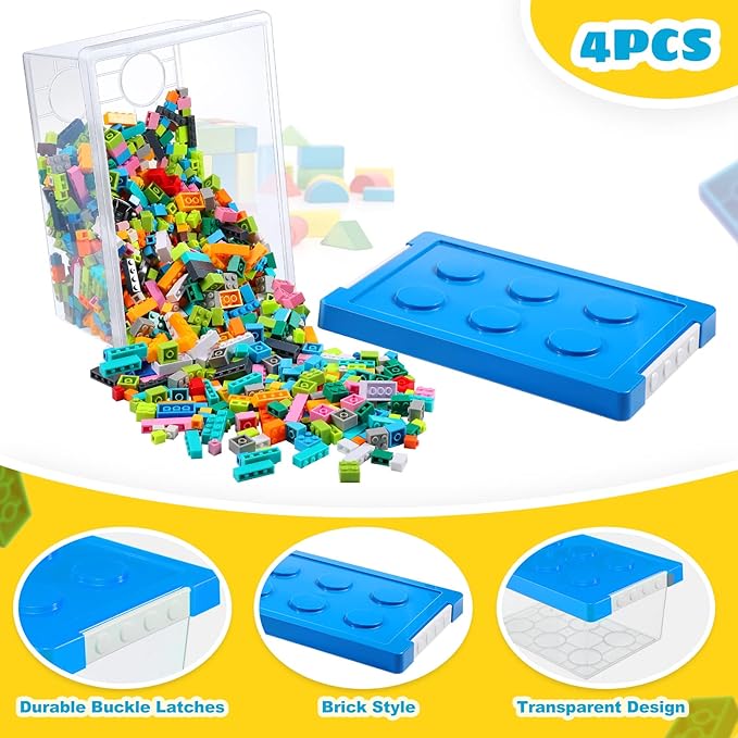 Vicenpal 4 Pack Toy Storage Containers with Lids Brick Shaped Kids Toy Organizer Box Plastic Clear Stackable Bin Chest for Bu