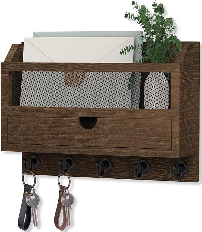 Nekon Key and Mail Holder for Wall, Key Organizer with 5 Hooks & Storage Drawer, 11" W x 7.9" H x 3.1" D Wooden Key Rack for 