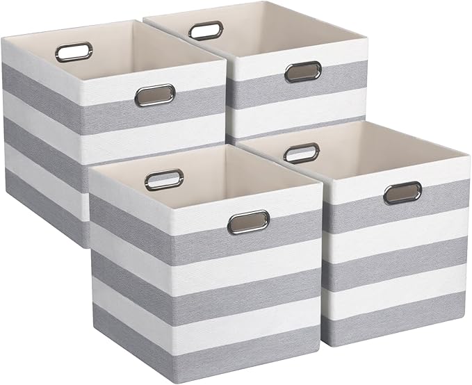 11x11 Cube Storage Bins, Collapsible Fabric Storage Cubes, Cubby Storage Organizer Bins Striped Container Baskets for Organiz