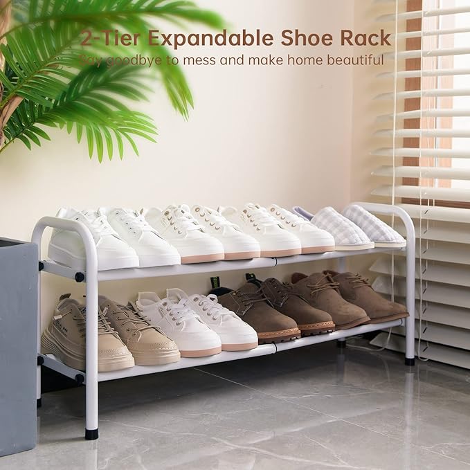 Gonfoam 2-Tier Expandable Shoe Rack,Adjustable Shoe Shelf Storage Organizer Heavy Duty Metal Free Standing Shoe Rack for Entr