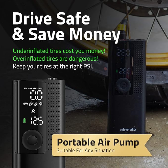 Airmoto and Power Kit Bundle Deal - 1 bundle - Tire Inflator Portable Air Compressor with Power Kit for Charging on The Road - Cordless Air Pump for Car Tires, Motorcycle, Bicycle, Balls
