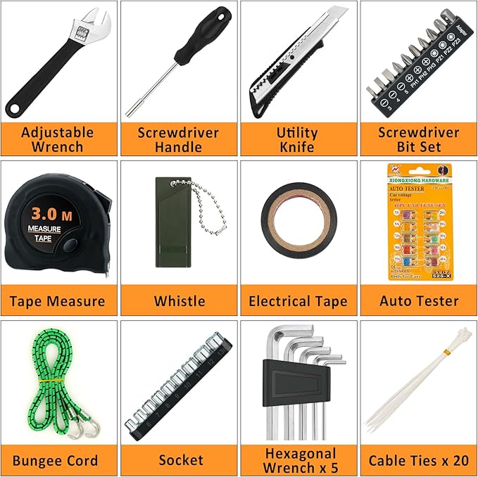 AUTODECO 98 PCS Roadside Car Emergency Assistance Kit with Portable Air Compressor Jumper Cables Safety Hammer All in One Pli