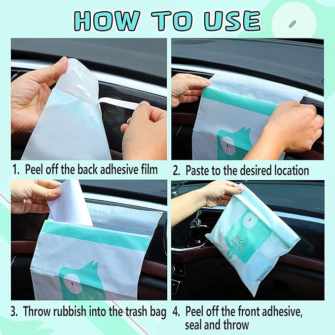 32pcs Car Trash Bags Easy Stick-On Disposable Portable Car Garbage Bags, Waterproof Leak Proof Barf Vomit Bags, Self Adhesive Cleaning Bags for Cars, Bedrooms, Bathrooms, Offices, Kitchens - Pattern A