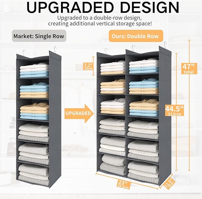 ALLTIDYUP Space-Saving Hanging Closet Storage Organizer – Dual-Row Foldable Shelves with 3 Hooks, 6-Tier Wardrobe Organizer f