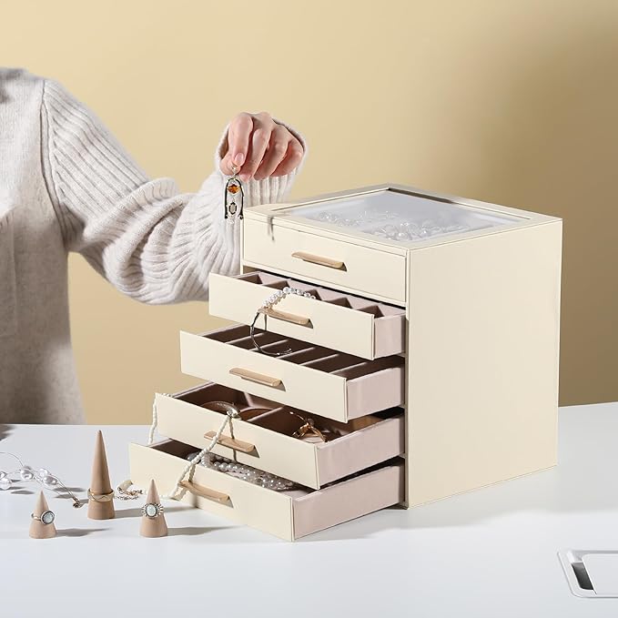 Frebeauty Clear Lid Jewelry Box,5-Layer Jewelry Organizer with Drawer,PU Leather Jewelry Organizers and Storage,Jewelry Boxes