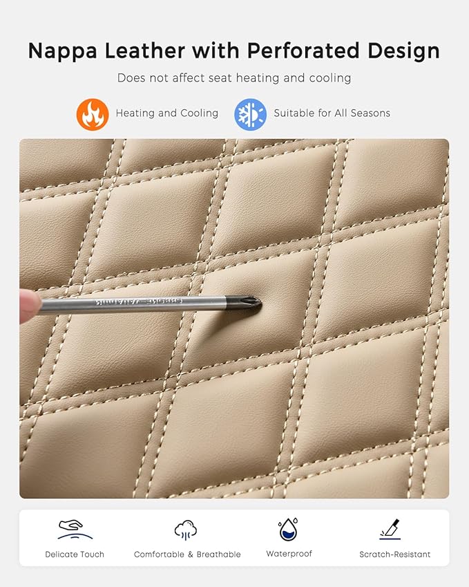 Huidasource Beige Rear Seat Cover, Nappa Leather Back Seat Cover Velcro Adjustable, Compatible with Armrests, Seat Belts, Chi