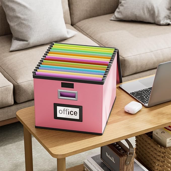 Huolewa File Organizer Box with Lid, Collapsible Leather File Folder Organizer for Office Document Storage, Filing Box with P