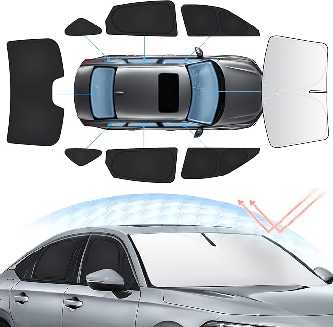 Sunsdrew 8PCS Civic Windshield Sun Shade for Honda Civic 2022-2024 2025(NOT fit Hatchback) 11th Gen. Accessories,Front&Rear&Side Window Cover Privacy Civic Window Shade Blocks UV Rays Heat