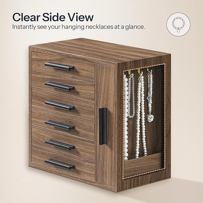 HOOBRO Jewelry Box for Women, Jewelry Organizer Box, 6-Tier Wooden Jewelry Box, Jewelry Case with Side Transparent Window, Cr