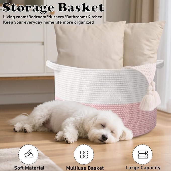 115L Extra Large Pink Woven Cotton Rope Basket with Handles, Kids Nursery Laundry Hamper for Toys, Blankets, Pillows & Comfor