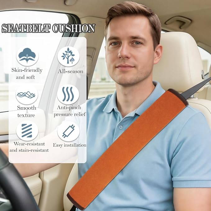 Extended Seat Belt Cover Pad, 2 Pack Soft & Comfortable Universal Seatbelt Covers for Adults and Kids, Fits Car Seat Belts, Armrest, and Backpacks (Brown)