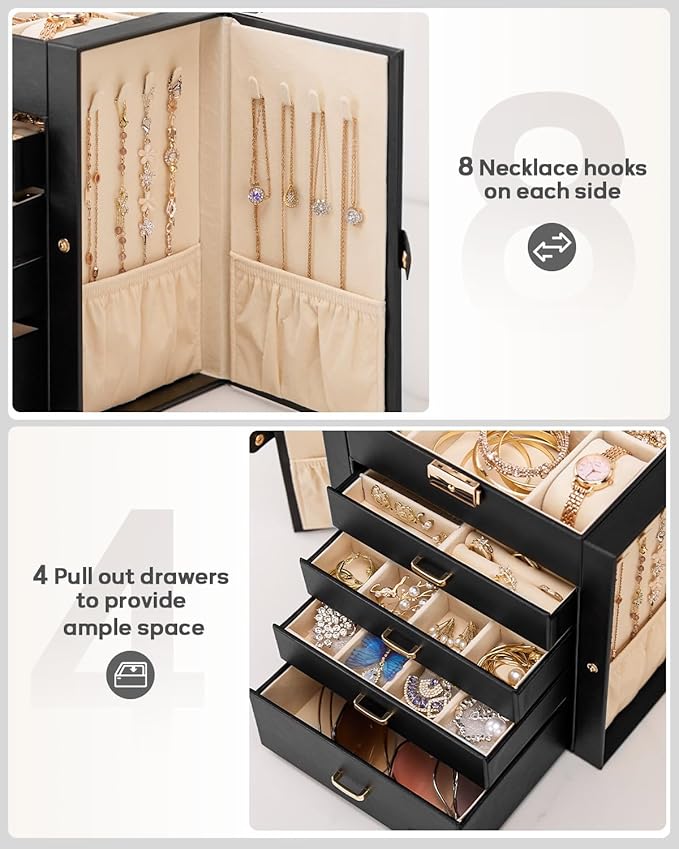 Homde Synthetic Leather Huge Jewelry Box Mirrored Watch Organizer Necklace Ring Earring Storage Lockable Gift Case (Black + G