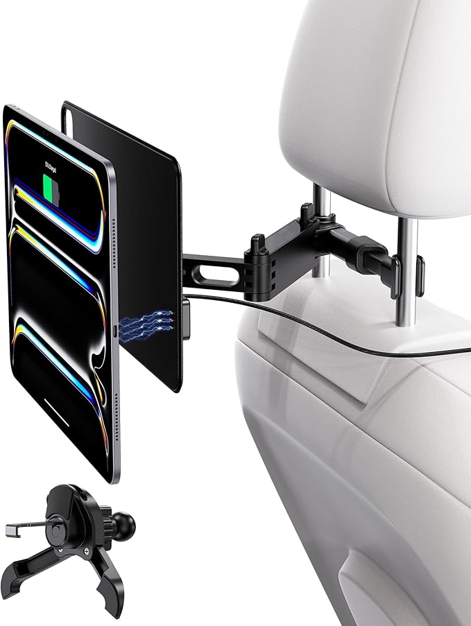 KU XIU Magnetic Wireless Charging Car Headrest Tablet Holder for iPad Pro 11'' M4/M5 Only, Adjustable Long Arm Tablet Car Mount Back Seat for Kids, Road Trip Essentials Holder with Air Vent Stand