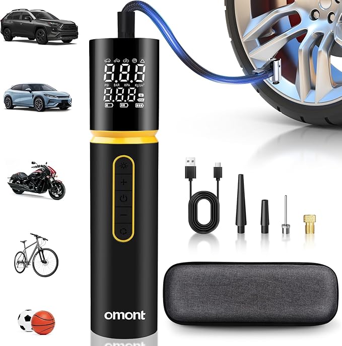 Tire Inflator Portable Air Compressor, Omont 150PSI Electric Bike Tire Pump Cordless Air Pump for Car Tires, 4X Faster Portable Tire Inflator with Digital Pressure Gauge for Car Bike Motorcycle Ball