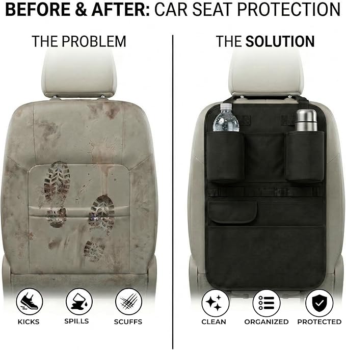 Premium Seat Back Organizer & Kick Mat Protector with Large Water Bottle Holders - Cordura Nylon Auto Storage - Laptop Pocket & Sag-Free Adjustable Fit