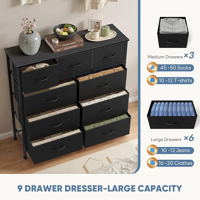 DUMOS 9 Drawer Dresser for Bedroom, Fabric Storage Organizer with Sturdy Metal Frame, Wooden Top Chest of Drawers for Closet 