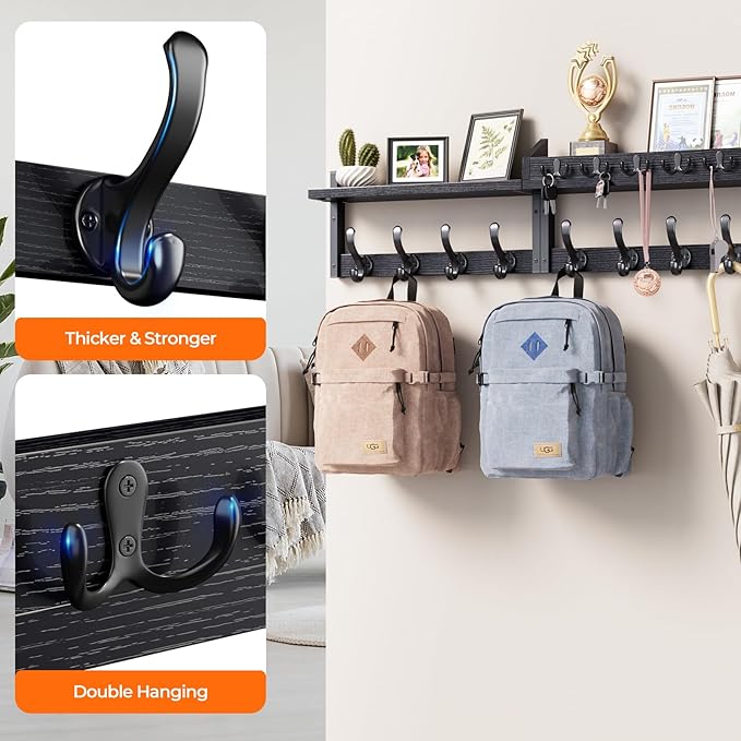 Evermagin 35" Coat Rack Wall Mount with Shelf, 4 in 1 Coat and Key Hanger with 13 Metal Hooks, Entryway Wall Mounted Shelf wi