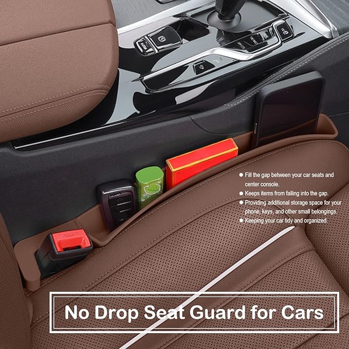 Universal Car Seat Gap Filler Plug Strip, Auto Seat Gap Organizer with Seat Belt & Storage Slot, 2 Pack Car Seat Catcher Accessories Fit Car SUV Truck for the Space Between Seat and Console, Brown