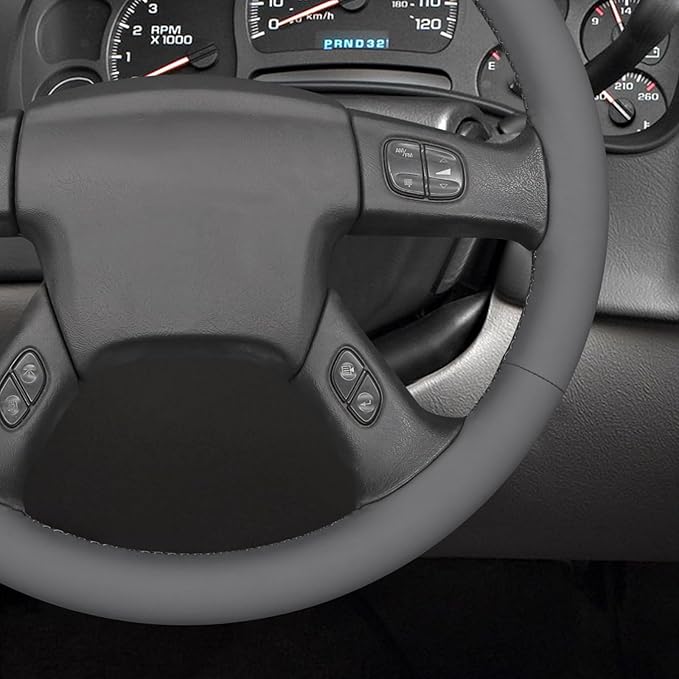 MEWANT Hand Stitched Steering Wheel Cover for Chevy Silverado 1500 2003-2006 DIY Gray Faux Leather Steering Wheel Wrap
