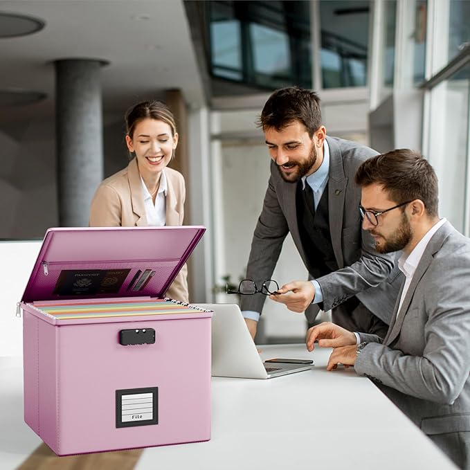 Pink Fire Proof File Box for Documents - Portable Fireproof Document Organizer Box with Handle Waterproof Safe Locking Folder