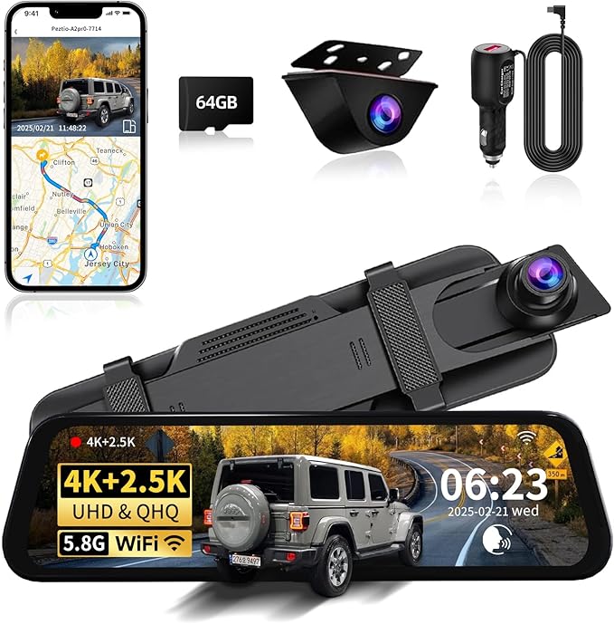Mirror Dual Dash Camera with Voice Control,4K+2.5K Rear View Mirror Camera with 5.8GHz WiFi and APP Control, WDR Night Vision