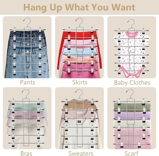 Pants Hangers with Clips,Space Saving Hanging Closet Organizer-6 Tiers Skirt Hangers with 360° Swivel Hook,Closet Organizer-C