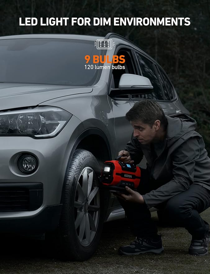 AstroAI Tire Inflator Portable Air Compressor Pump 150PSI 12V DC/110V AC with Dual Metal Motors&LED Light, Automotive Car Accessories&Two Modes for Car, Bicycle Tires and Air Mattresses, Red