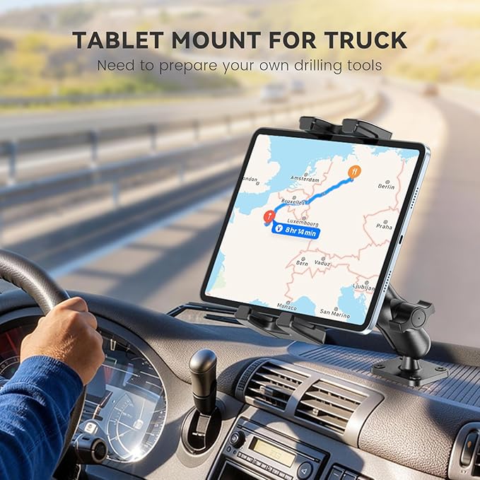 OHLPRO 4" Aluminum Arm Tablet Mount for Truck - Heavy Duty Drill Base Car Tablet Holder Compatible with iPad Samsung Tab 5"-13" Tablets and Phones, for Dashboard/Wall/Business/Desktop, etc.