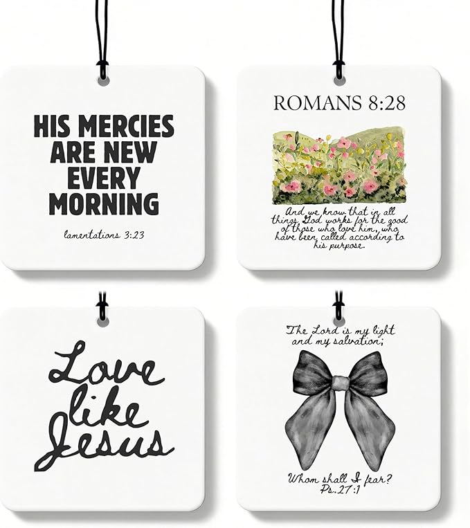 Black Christian Car Air Freshener 4 Pcs, Coquette Black Bow Bible Verse Religious Hanging Air Freshener for Cars Closet Drawe