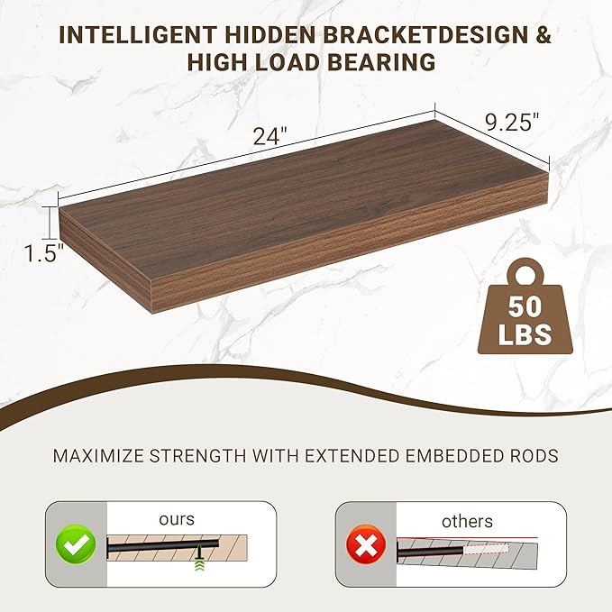 24 Inch Floating Shelves, 24"x9.25"x1.5" Inch Deep Floating Shelves for Wall, Wooden Shelves for Bathroom, Bedroom, Living Ro