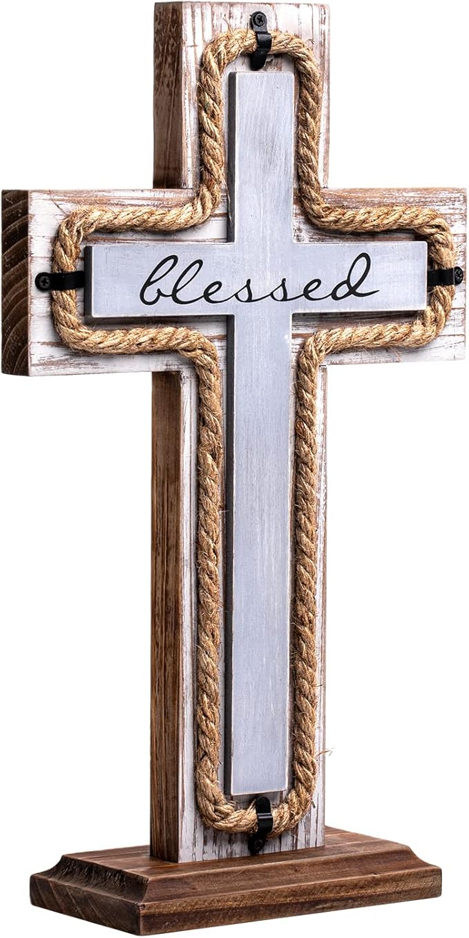 OKSQW Wall Wooden Cross with Wooden Base Christians Crosses Spiritual Religious Cross Christmas Wall Hanging Handmade Wood He
