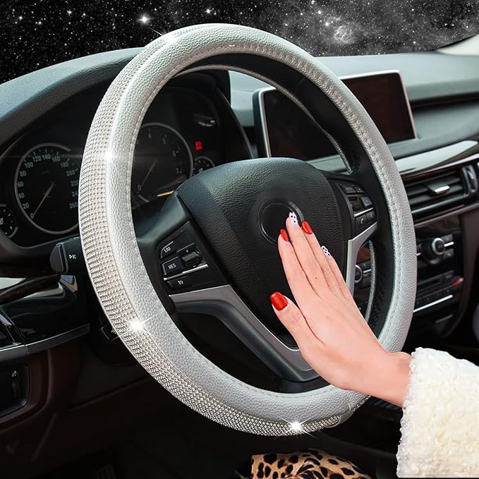 New Diamond Leather Steering Wheel Cover with Bling Bling Crystal Rhinestones, Universal Fit 15 Inch Car Wheel Protector for 