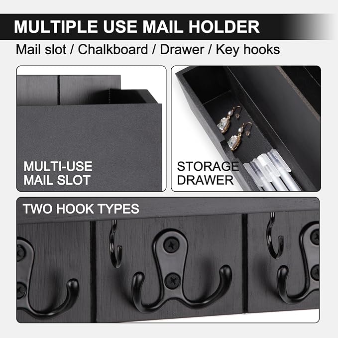 Mail and Key Holder Wall Mount with Storage Drawer – Modern Wooden Mail Organizer for Wall Entryway, 7 Key Hooks & Chalkboard