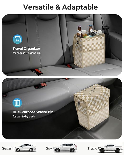 Corduroy Car Trash Can with Lid and Mesh Pockets - Leakproof Organizer,Multipurpose Waterproof Garbage Can/Trash Bin for Car(Khaki Check-3 Gallons)