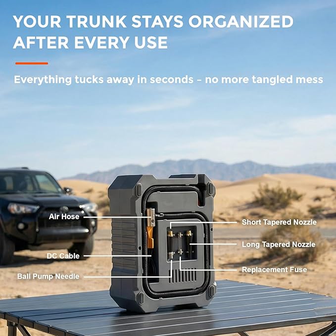 Cordless Tire Inflator Portable Air Compressor 100PSI with Auto Shut-Off, Built-In Cord & Hose Storage, 3-Meter Copper Power Cord, LED Light for Car Motorcycle Bike Ball