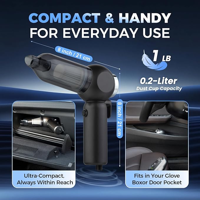 Handheld Car Vacuum Cleaner, 6 in 1 Multi-function Cordless Small Vacuum, 17000PA Adjustable Portable with Brushless Motor fo