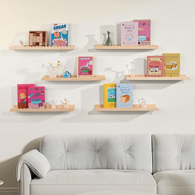 NEXHOME PRO Nursery Book Shelves, 6-Pack Solid Pine Wood Floating Shelves for Wall Kids, Wall Mounted Shelves for Bedroom/Liv