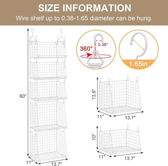 Sonyabecca 5-Tier Hanging Laundry Basket Organizer: Foldable Wire Shelf Basket with 4 Large Hooks 1.65" & 360°Rotating Hooks 
